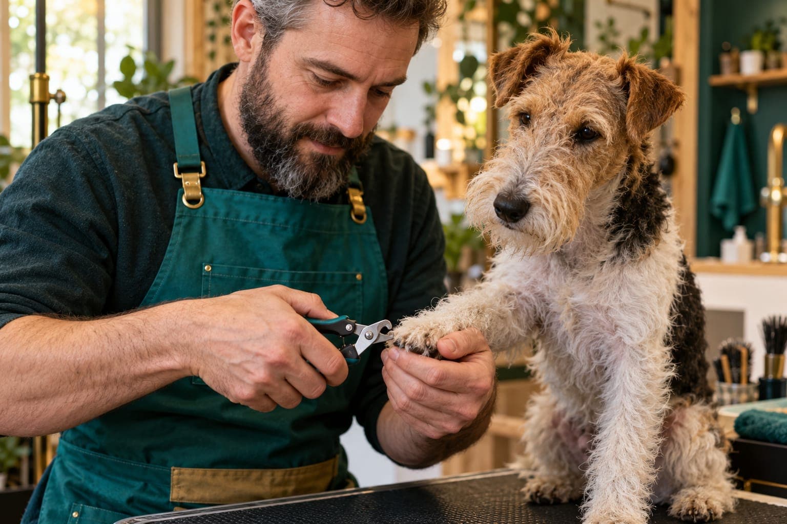Groomer schneidet behutsam die Krallen eines Terriers