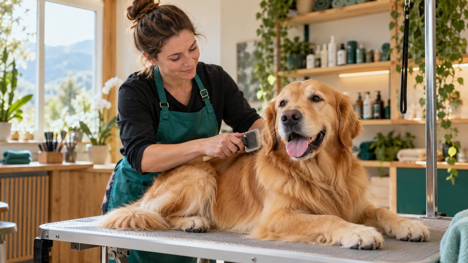 Hundefriseurin bürstet liebevoll einen Golden Retriever auf dem Pflegetisch