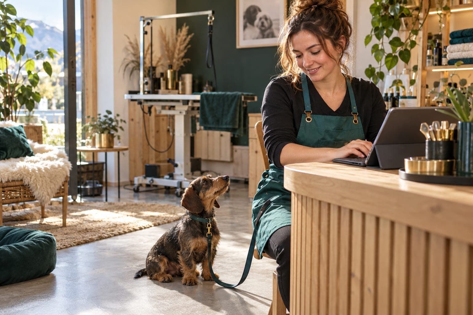 Hundefriseurin erfasst Kundendaten am Empfang, Hund wartet an der Leine