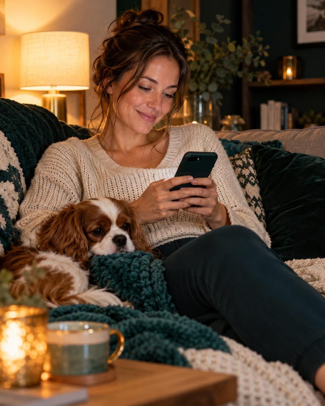 Frau bucht abends gemütlich auf dem Sofa mit ihrem Hund auf dem Handy